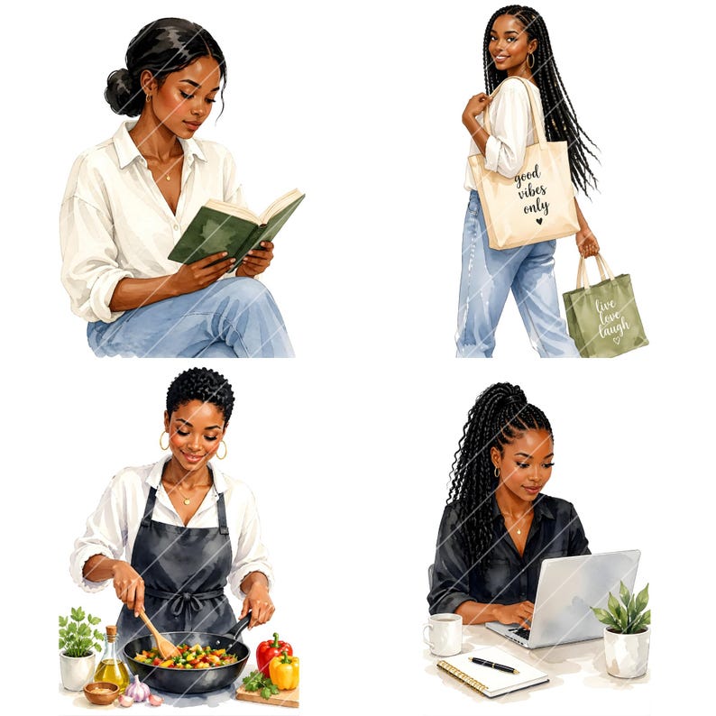 May include: Watercolor illustrations of Black women in various settings. One reads a book, another carries tote bags with text, a third cooks, and the last works on a laptop. Each woman is depicted in a casual, everyday style.