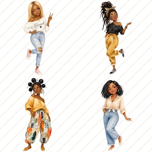 May include: Four illustrations of diverse women in various outfits. One wears a white off-the-shoulder top with "Blessed" text, ripped jeans, and pink sneakers. Another has dreadlocks, a black top, yellow pants, and sneakers. The others wear a yellow top and patterned pants, and a tied shirt and jeans.