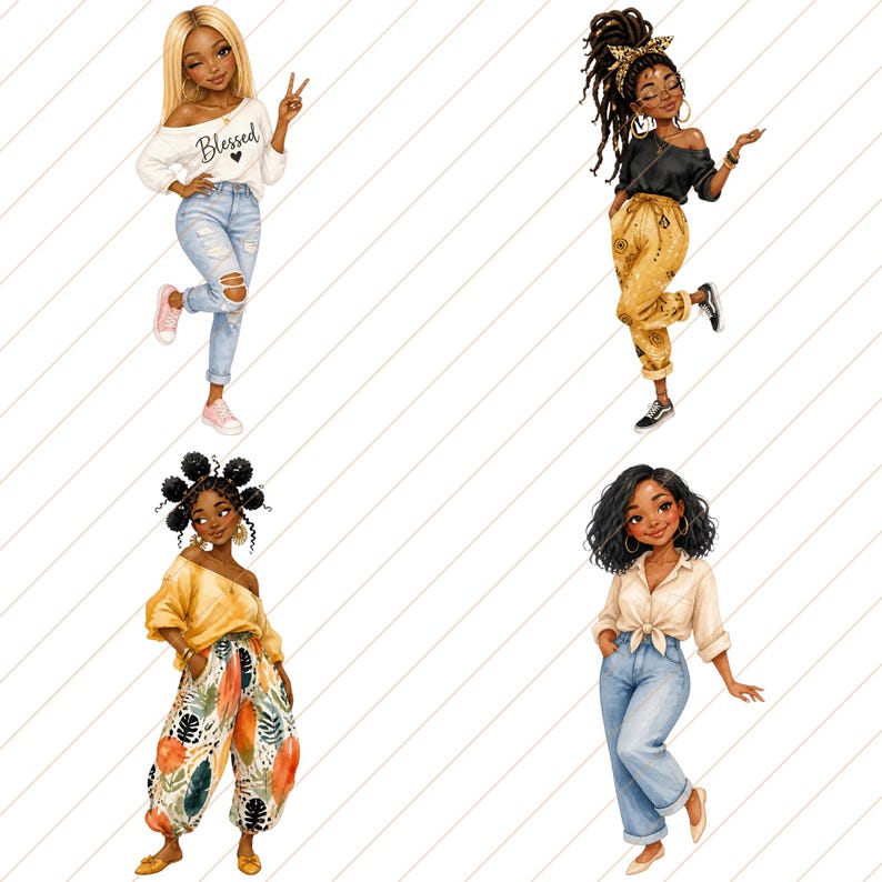 May include: Four illustrations of diverse women in various outfits. One wears a white off-the-shoulder top with "Blessed" text, ripped jeans, and pink sneakers. Another has dreadlocks, a black top, yellow pants, and sneakers. The others wear a yellow top and patterned pants, and a tied shirt and jeans.