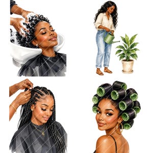 May include: Watercolor illustrations of Black women in various settings. One woman has her hair washed at a salon, another waters a potted plant, a third has braids being styled, and the last has hair rollers.