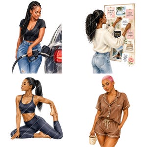 May include: A digital illustration featuring four women in various settings. One is at a gas pump, another arranging notes on a bulletin board, a third doing yoga, and the last wearing pajamas and holding a mug.