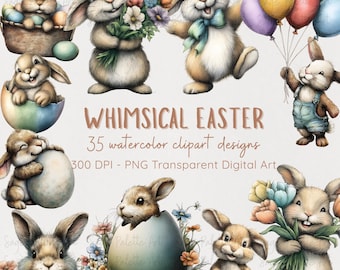 Whimsical Easter Bunny Clipart Bundle | 35 Watercolor Bunny PNGs | 300 DPI Transparent Digital Download