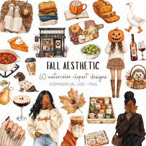 May include: A collection of watercolor clipart designs featuring fall-themed elements including a bookstore, pumpkins, sweaters, a dachshund, a hedgehog, coffee cups, food, leaves, and figures holding seasonal items with the text FALL AESTHETIC.