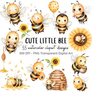 May include: Watercolor clipart design featuring adorable cartoon bees with black and yellow stripes, holding flowers, honey pots, and balloons. The text "Cute Little Bee" is displayed with additional details about the design.