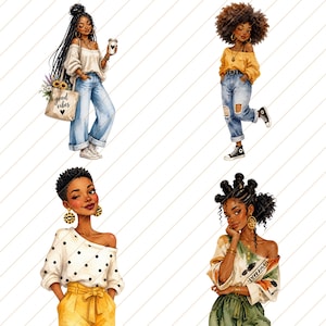 May include: Watercolor illustrations of four stylish Black women. Each figure is depicted in fashionable attire, including jeans, off-the-shoulder tops, and accessories. One figure carries a tote bag with the words "good vibes".