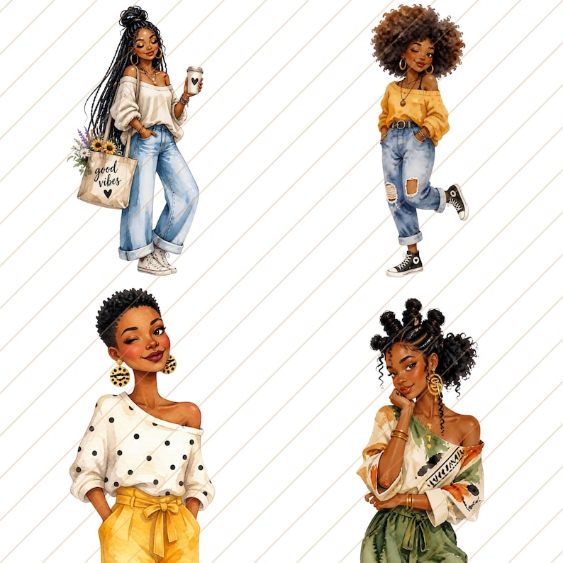 May include: Watercolor illustrations of four stylish Black women. Each figure is depicted in fashionable attire, including jeans, off-the-shoulder tops, and accessories. One figure carries a tote bag with the words "good vibes".