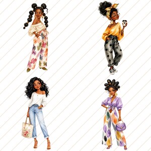 May include: Four watercolor illustrations of stylish Black women in various outfits. One wears floral pants and an off-the-shoulder top. Another holds a coffee cup, wearing a yellow sweater and polka dot pants. The third has a tote bag, and the fourth carries a purple purse.
