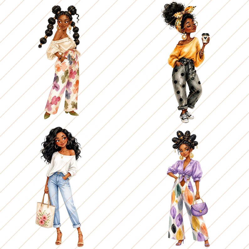 May include: Four watercolor illustrations of stylish Black women in various outfits. One wears floral pants and an off-the-shoulder top. Another holds a coffee cup, wearing a yellow sweater and polka dot pants. The third has a tote bag, and the fourth carries a purple purse.