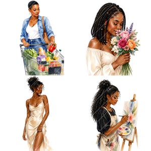 May include: Watercolor illustrations of Black women in various settings. One figure pushes a shopping cart filled with groceries. Another holds a bouquet of flowers. A third wears a satin dress, and the last paints on a canvas.