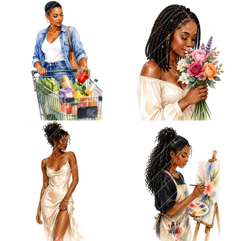May include: Watercolor illustrations of Black women in various settings. One figure pushes a shopping cart filled with groceries. Another holds a bouquet of flowers. A third wears a satin dress, and the last paints on a canvas.