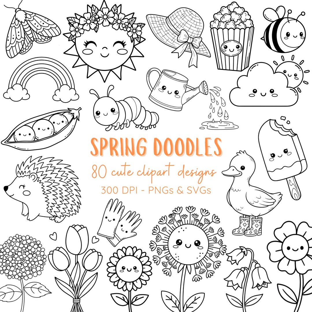 Spring Doodles Clipart Bundle | 80 Kawaii PNG & SVG Designs (digital ...