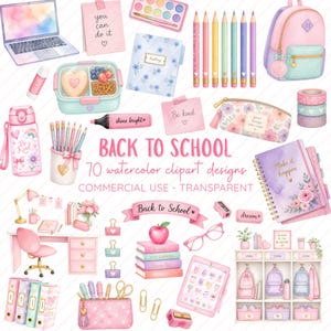 Könnte beinhalten: Eine Sammlung von Aquarell-Schulmaterialien, darunter ein Laptop, ein Rucksack, Notizbücher, Stifte, eine Brotdose, ein Schreibtisch und ein Spind. Der Text lautet Back to School, you can do it, history, shine bright, be kind, good things take time, make it happen, dream und stay curious.