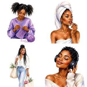 May include: Watercolor illustrations of four Black women. One knits with purple yarn, another applies lipstick, a third carries tote bags with flowers, and the last listens to music with headphones.