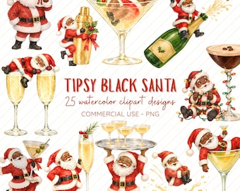 May include: A collection of watercolor illustrations featuring Black Santa Claus figures in various poses with cocktails, champagne, and barware. The text reads TIPSY BLACK SANTA 25 watercolor clipart designs COMMERCIAL USE - PNG.