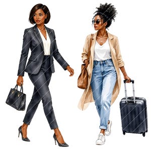 May include: Watercolor illustration of two women. One wears a dark gray suit with a black handbag and heels. The other wears a tan coat, jeans, sunglasses, and sneakers, carrying a brown bag and a rolling suitcase. The image has a travel or business theme.