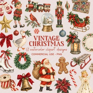 Puede incluir: Una colección de 61 diseños de arte digital en acuarela de Navidad vintage que incluye a Santa Claus, un elfo, un cascanueces, un tren, un trineo, una bola de nieve, un ganso, un hombre de jengibre, un ángel, adornos, corona y bastones de caramelo.