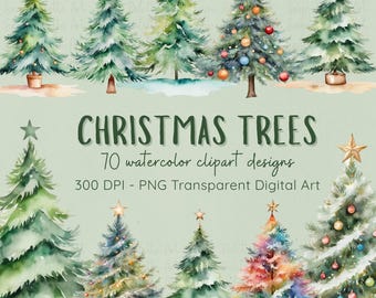 Watercolor Christmas Tree Clipart Bundle | 70 PNG Holiday Trees | Winter Digital Art | Digital Download