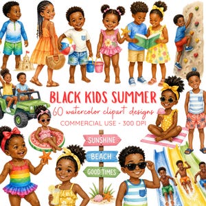 Peut inclure: Clipart aquarelle représentant des enfants noirs en été. L'image comprend des enfants en maillot de bain, jouant avec des jouets de plage et profitant de toboggans aquatiques. Le texte indique "BLACK KIDS SUMMER" et "60 watercolor clipart designs".