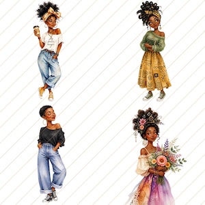 May include: Watercolor illustrations of four stylish Black women in various outfits. One holds a coffee cup and wears a shirt with the text "joy peace magic." Another holds a book, and the others hold flowers. The women are in different poses.