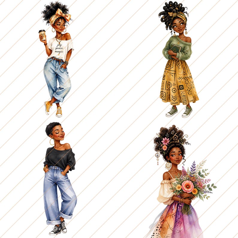 May include: Watercolor illustrations of four stylish Black women in various outfits. One holds a coffee cup and wears a shirt with the text "joy peace magic." Another holds a book, and the others hold flowers. The women are in different poses.