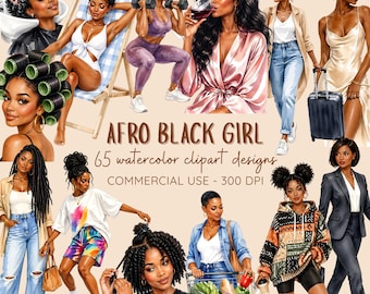 Afro Black Girl Clipart Bundle | 65 Watercolor Black Woman PNGs | Everyday Life, Natural Hair, Self Care, Fitness | Digital Download)
