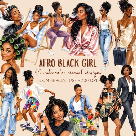 Afro Black Girl Clipart Bundle | 65 Watercolor Black Woman PNGs | Everyday Life, Natural Hair, Self Care, Fitness | Digital Download)