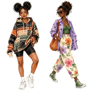 May include: Illustration of two stylish figures. One wears a patterned hoodie, black shorts, and white sneakers, holding a coffee cup. The other sports a purple polka-dot shirt, floral pants, and green sneakers, carrying a brown bag.