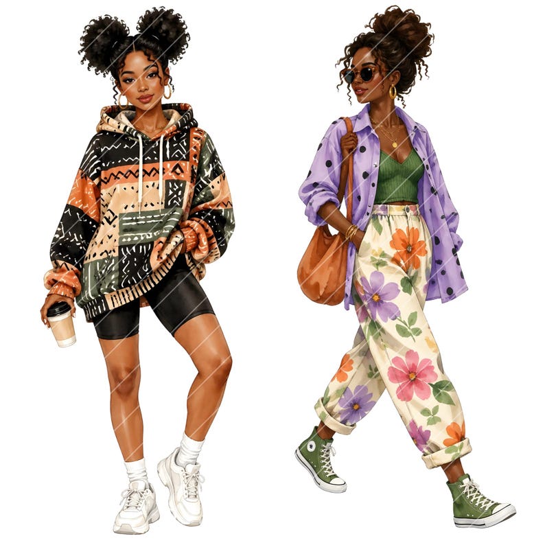 May include: Illustration of two stylish figures. One wears a patterned hoodie, black shorts, and white sneakers, holding a coffee cup. The other sports a purple polka-dot shirt, floral pants, and green sneakers, carrying a brown bag.