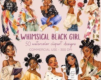 Whimsical Black Girl Clipart Bundle | 50 Watercolor PNGs | Afro Woman Clip Art (Digital Download)