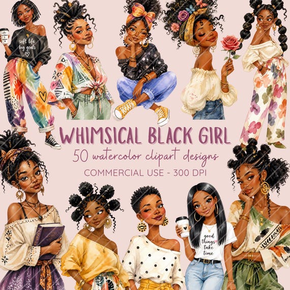 Whimsical Black Girl Clipart Bundle | 50 Watercolor PNGs | Afro Woman Clip Art (Digital Download)