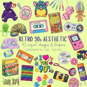 Paquete de imágenes prediseñadas retro de los 90 / 90 pegatinas digitales PNG / Estética nostálgica de los 90 (Descarga digital)