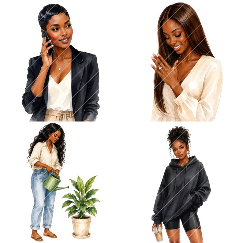May include: Four watercolor illustrations of Black women in various settings. One is on the phone in a blazer, another admiring a ring, a third watering a plant, and the last in a hoodie with a coffee.