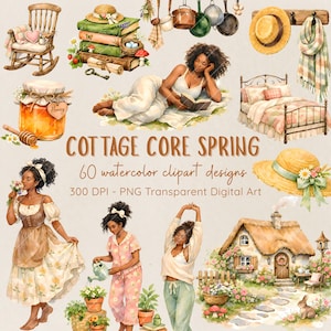Cottagecore Spring Clipart, Black Woman Watercolor PNG, Cozy Garden Designs (Digital Download)