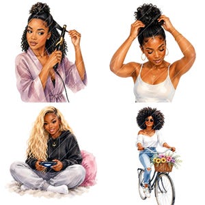 May include: Watercolor illustrations of Black women in various settings. One is curling her hair, another is putting her hair up, a third is playing a video game, and the last is riding a bicycle with a basket of flowers.