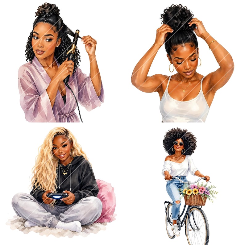 May include: Watercolor illustrations of Black women in various settings. One is curling her hair, another is putting her hair up, a third is playing a video game, and the last is riding a bicycle with a basket of flowers.
