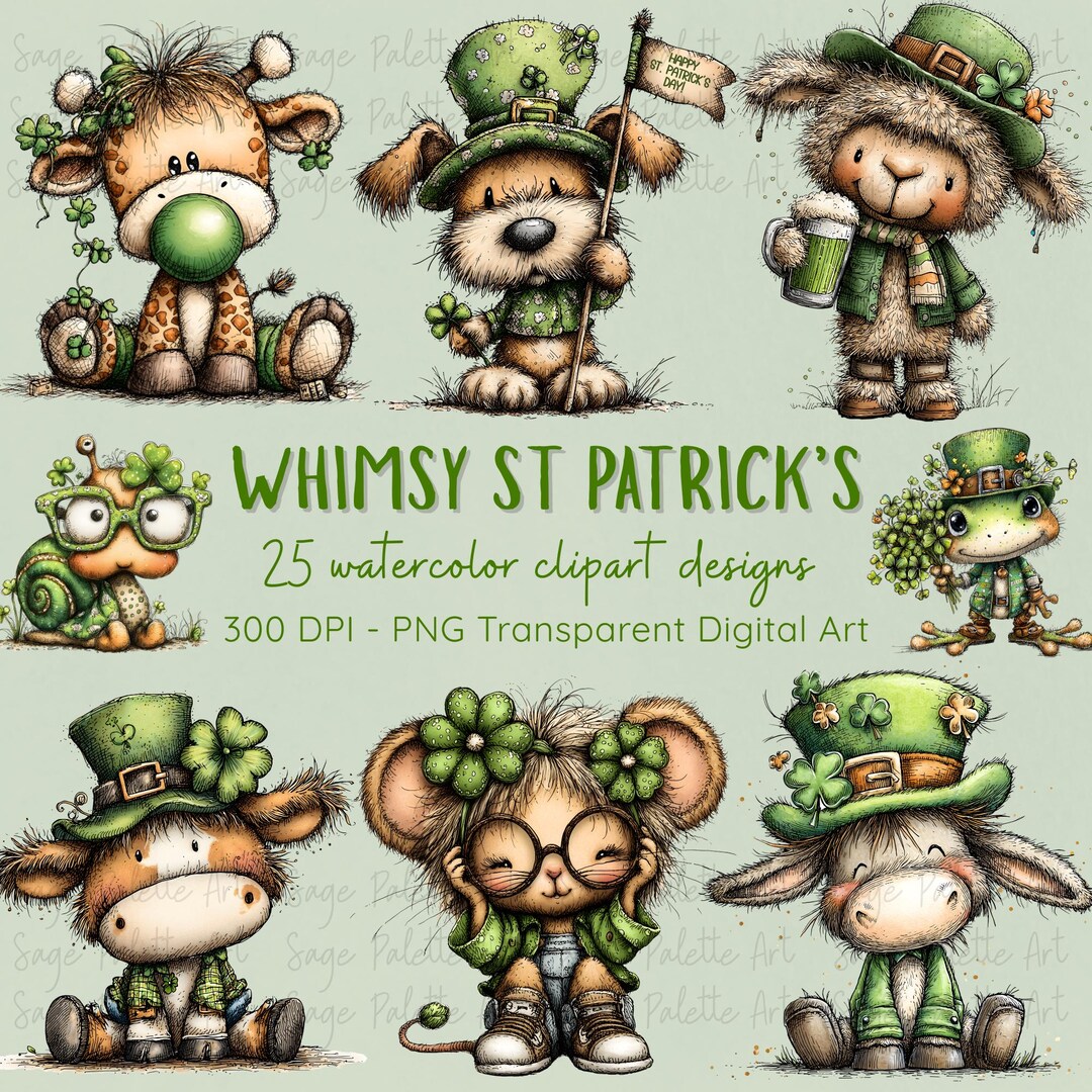 Whimsical St Patricks Day Clipart Bundle – 25 Watercolor Animals PNG ...