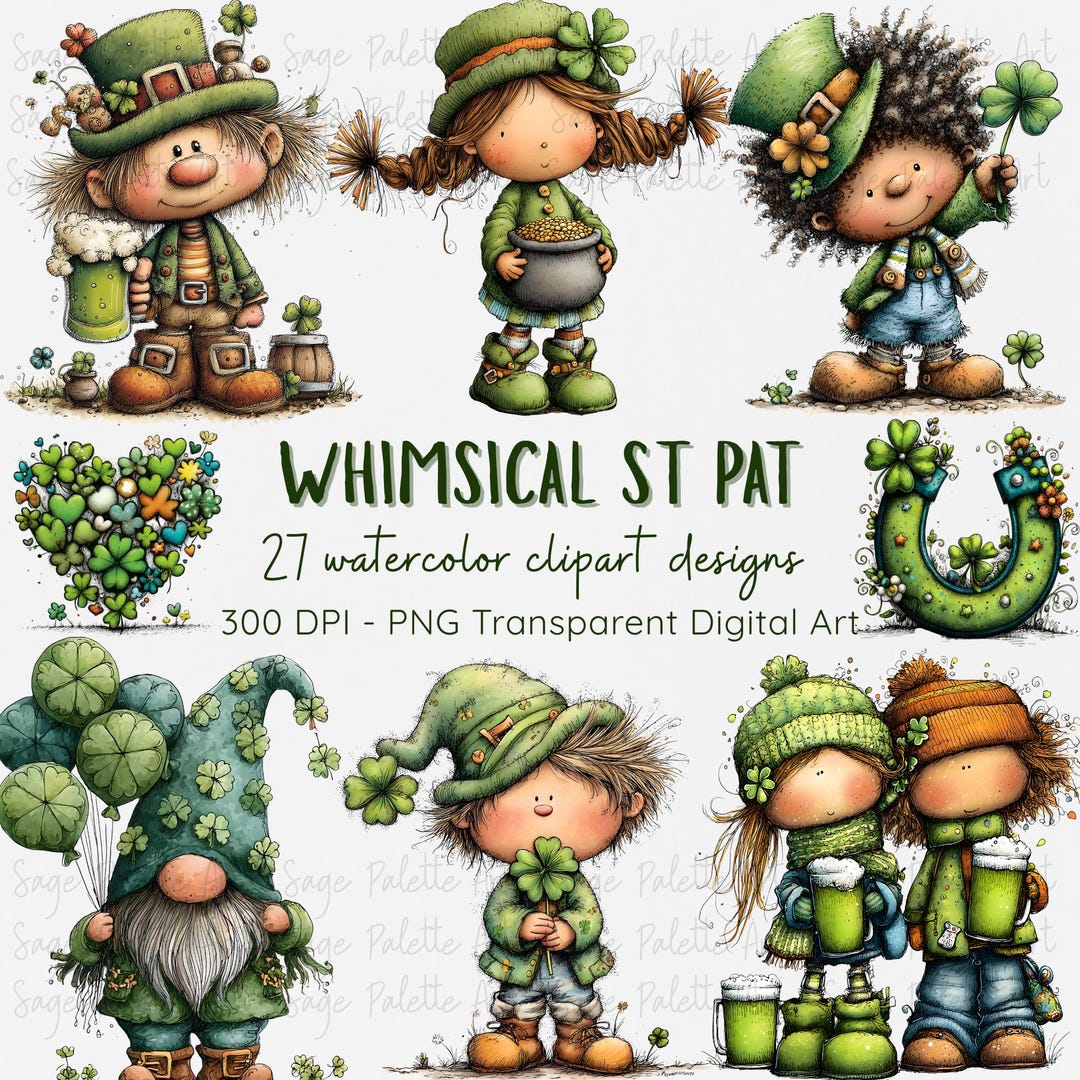Whimsical St Patricks Day Clipart Bundle – 27 Watercolor Pngs | 300 DPI ...