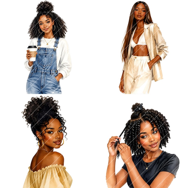 May include: Watercolor illustrations of four Black women. One holds a coffee cup, wearing denim overalls and a white sweater. Another wears a beige blazer and pants with a white top. The third has a gold off-the-shoulder top. The fourth is styling her hair.