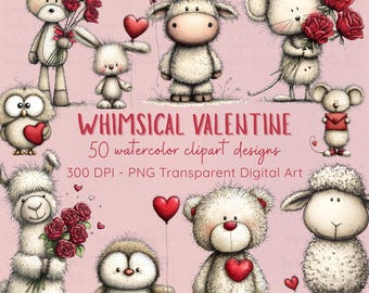 Whimsical Valentine Animal Clipart | Watercolor 300 DPI PNGs | Romantic Digital Art Bundle