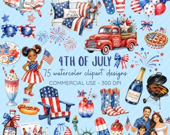 May include: Watercolor clipart designs featuring patriotic themes for the 4th of July. Includes a red truck, fireworks, American flag, Statue of Liberty, and various other festive elements. The text reads "4th of July" and "Happy 4th of July".