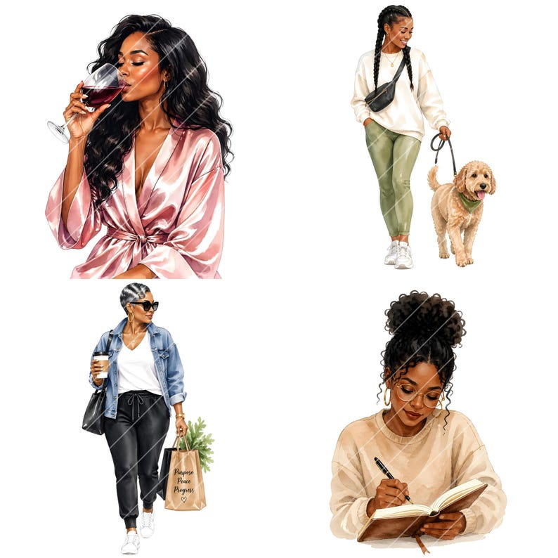 May include: Watercolor illustrations of four women in different settings. One drinks wine, another walks a dog, a third carries a shopping bag, and the last writes in a journal. The images are set against a white background.