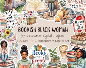Bookish Black Woman Digital Stickers | Book Lover Clipart PNGs | 300 DPI (Digital Download)
