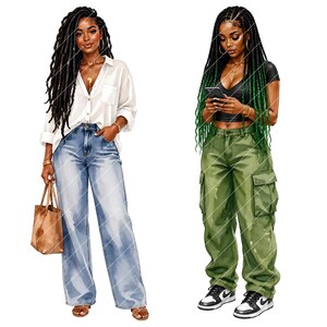 May include: Watercolor illustration of two women. One wears a white button-down shirt and light blue jeans, carrying a brown tote bag. The other wears a black crop top and olive green cargo pants, holding a phone. Both have long braids.