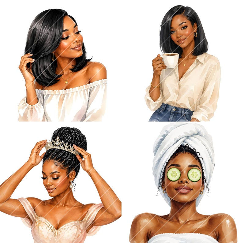 May include: Four watercolor illustrations of Black women. One is touching her hair, another is holding a coffee cup, a third is wearing a crown, and the last has cucumber slices on her eyes.