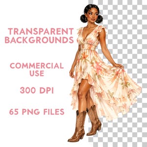 May include: Watercolor illustration of a woman in a floral print dress and brown cowboy boots. The dress has a V-neck and ruffled hem. The image includes the text "TRANSPARENT BACKGROUNDS", "COMMERCIAL USE", "300 DPI", and "65 PNG FILES".