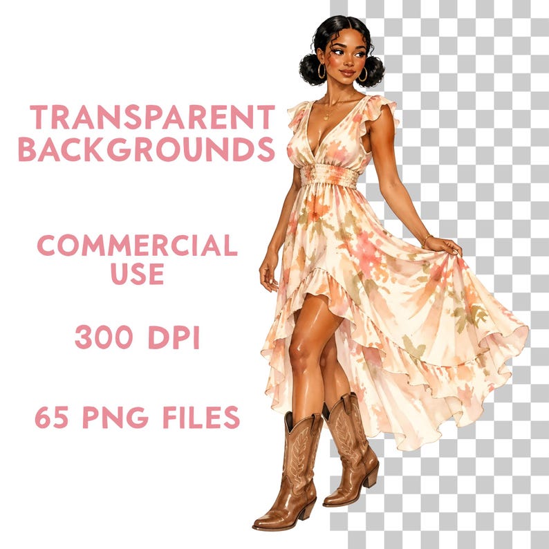 May include: Watercolor illustration of a woman in a floral print dress and brown cowboy boots. The dress has a V-neck and ruffled hem. The image includes the text "TRANSPARENT BACKGROUNDS", "COMMERCIAL USE", "300 DPI", and "65 PNG FILES".