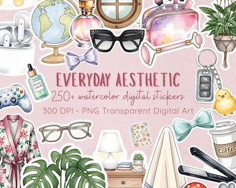 Lifestyle-stickers in aquarelstijl | Meer dan 250 PNG-clipartafbeeldingen (digitale download)