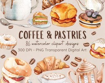 Watercolor Coffee & Pastries Clipart: 86 PNG Cafe Graphics | Digital Download