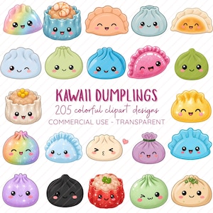 May include: A collection of digital illustrations featuring various colorful dumplings with smiling faces. The text reads KAWAI DUMPLINGS 205 colorful clipart designs COMMERCIAL USE - TRANSPARENT. The dumplings are depicted in shades of blue, pink, green, yellow, purple, and rainbow.