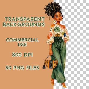 May include: Watercolor illustration of a stylish woman in green pants and a floral top, holding a patterned handbag. The image includes the text "TRANSPARENT BACKGROUNDS", "COMMERCIAL USE", "300 DPI", and "50 PNG FILES".